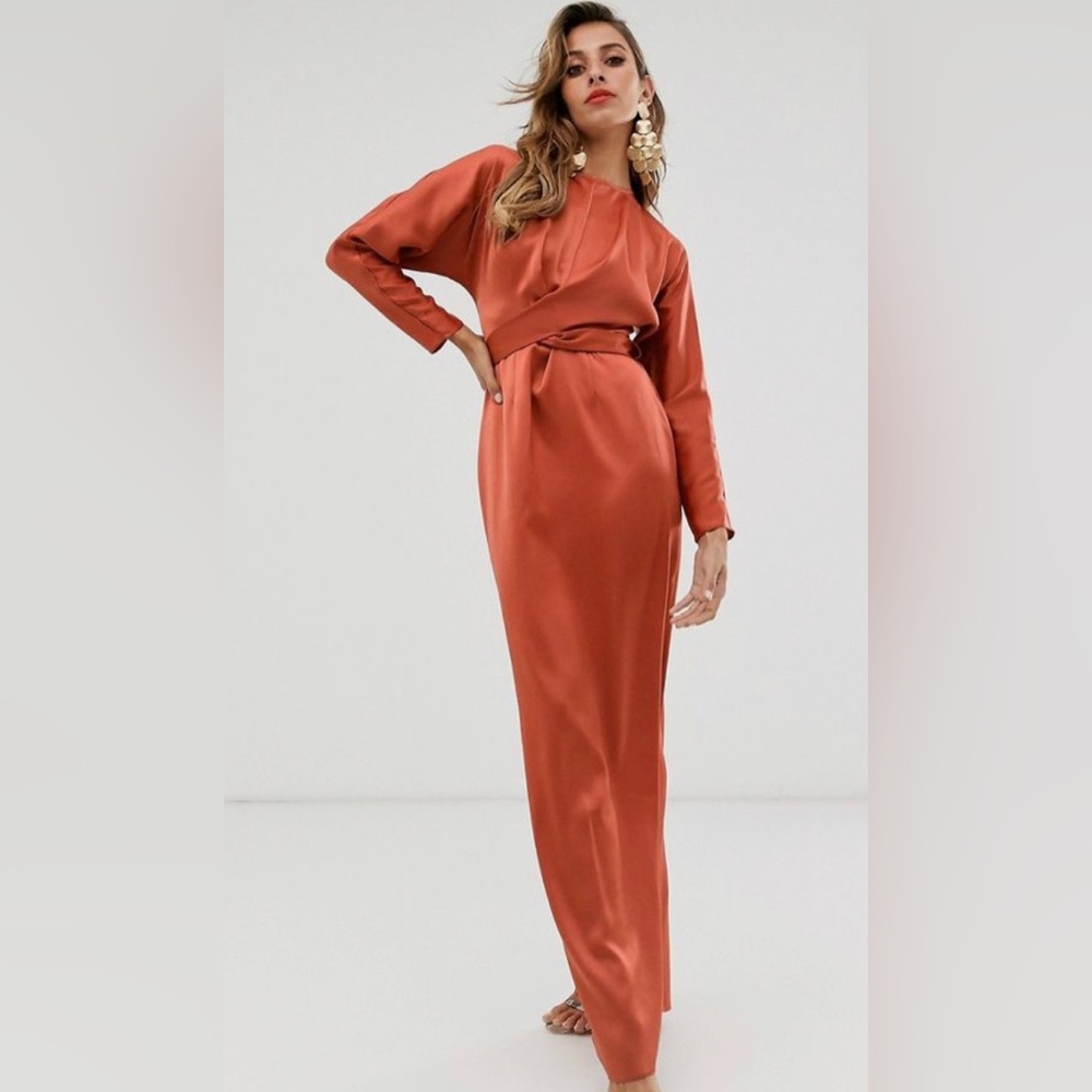 ASOS satin dress with wrap waist. New with tags. Rust color. Size 4